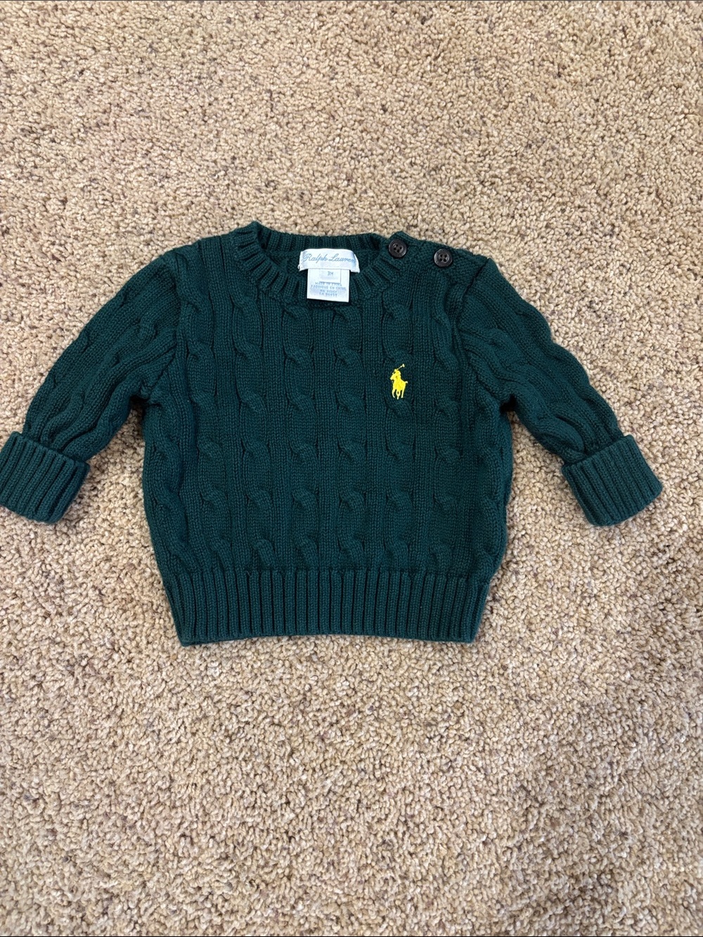Ralph Lauren Dark Green Cable Knit Sweater with Yellow Pony